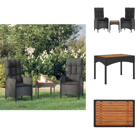 3-tlg. Garten-Lounge-Set mit Kissen Schwarz Poly Rattan - Gartensets - Loungemöbel - Gartenstuhl - Esstisch - Outdoor Möbel (1/5)