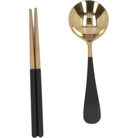 Ensemble de couverts noir et or, design élégant avec finition miroir, réutilisable et écologique