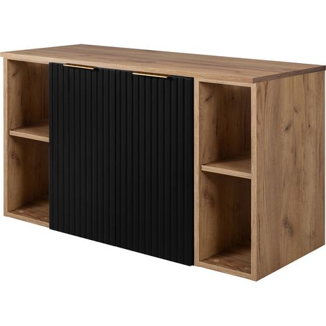 Furnidea - Meuble sous vasque suspendu FLOW NOIR 100 cm avec 2 x l'étagères - extensions et plan CHÊNE - 2 portes - façades rainurées (1/5)