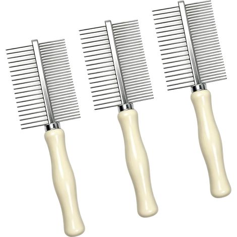 3PCS Peigne Dents Doubles Arrondies de Toilettage, Peigne Toilettage Animaux avec Poignée en Bois, Dents Fines et Larges pour Démêlage Poils Moyens et Longs (1/5)
