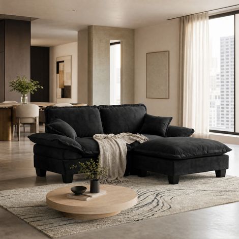 Sofá rinconera modular negro 194 x 155 x 90 cm con otomana móvil HAVRYA (1/5)