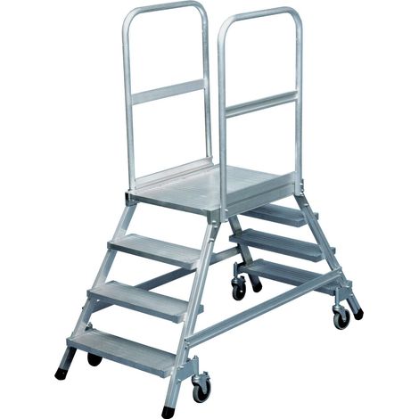 Iller Podestleiter fahrbar mit gefederten Lenkrollen beidseitig begehbar Aluminium 5 Stufen