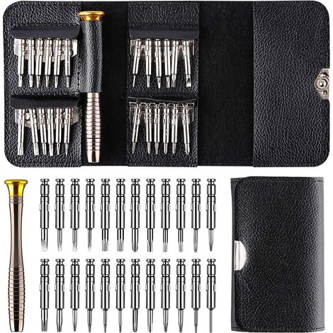 Kit Tournevis Précision 25 En 1 - 24 Embouts + Manche + Étui Cuir - Pour Réparation Électronique, Lunettes, Montres, Jouets - Lot de 1 (1/5)