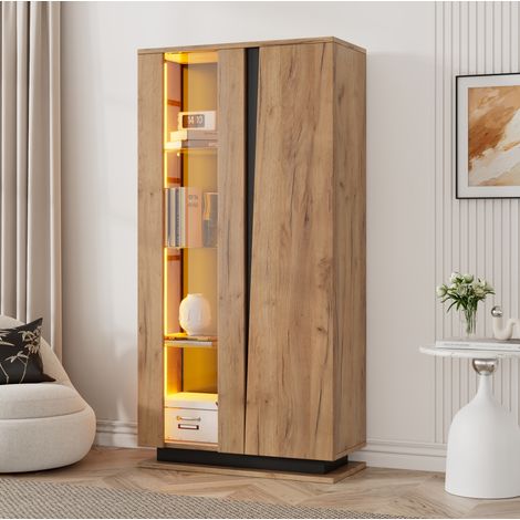 Meuble rangement vitrine 80x35x160 LED bois naturel OKMYHOME (1/5)