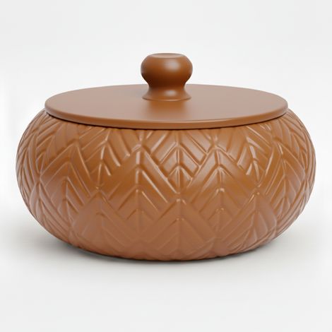 Scatola portagioie marrone con coperchio decorativo, ideale per la toeletta.
