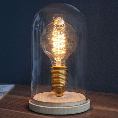 Tischleuchte klein Ø 15 x (H) 20 cm E27 Holz Glas Tischlampe Beistelllampe (1/5)
