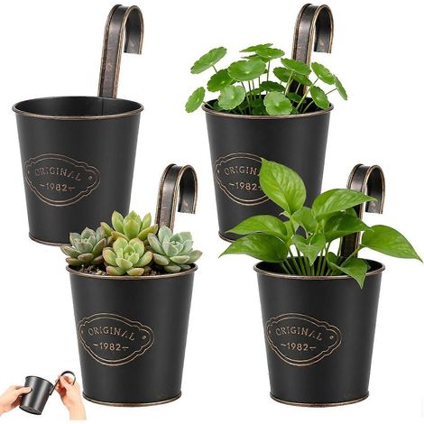 Lot de 4 pots de fleurs suspendus en métal, grands pots avec crochet amovible et trou de drainage au fond. (1/5)