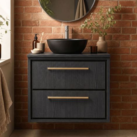 Hudson Reed Lille Wall Hung 2-Drawer Vanity Unit with Worktop 600mm Wide - Graphite Grey Woodgrain (1/5)