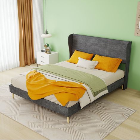 Bett 140x200 cm Grau mit gepolstertem Kopfteil, Stoff und Metall, ohne Matratze MEUBLIV (1/5)
