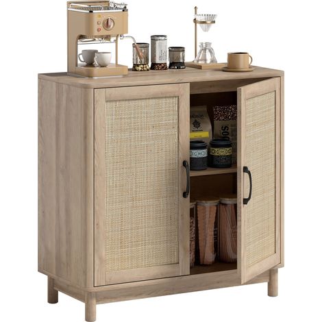 Wohnzimmer-Sideboard aus Eiche, 2 Aufbewahrungseinheiten aus Rattan, verstellbarer Einlegeboden mit abgerundeten Kanten, 76x35x75,5 cm, Designschrank mit verstellbarem Einlegeboden, moderne Wohnzimmer