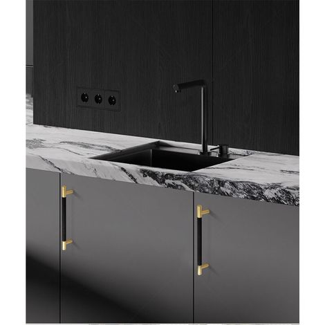 Lot de 2 poignées de meuble de cuisine en alliage d'aluminium noir et doré, distance entre les trous de 128 mm, avec vis, adaptées aux tiroirs de bureau (1/5)