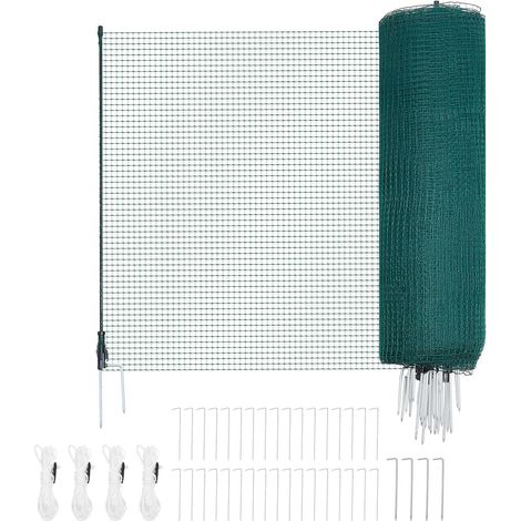Clôture provisoire avec piquets, filet de jardin en plastique 0,9 x 50 m, maille de sécurité avec piquets à double pointe et cordes, pour chiens, poules, plantes et extérieur (1/5)
