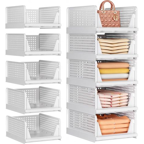 Lot de 5 organiseurs de penderie empilables - Organisateurs Multifonctions et Pliables pour Salle de Bain et Cuisine - Boîte de Rangement pour tiroir Peu encombrante - Blanc (1/5)