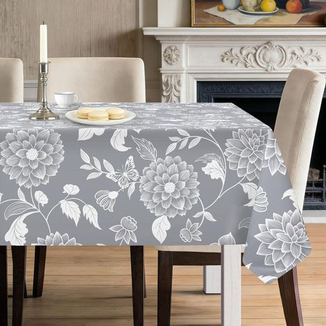 Tischdecke 140x180cm Grau mit Blumen und Schmetterlingen, pflegeleicht