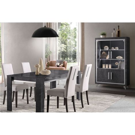 GUEDA - Ensemble Séjour Effet Marbre Anthracite Table 160cm + Vitrine avec Leds (1/4)