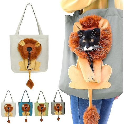 Schultertasche aus Canvas für Haustiere – Niedliche, löwenförmige Umhängetasche – Tragbare Brusttasche für kleine Hunde und Katzen – Haustierzubehör – Grau