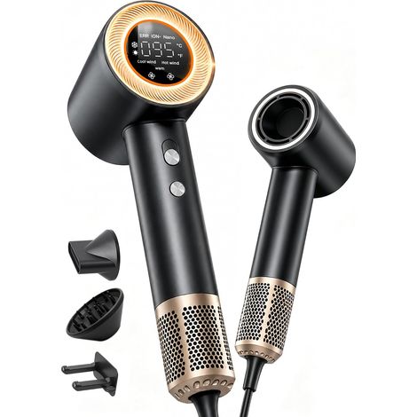 Sèche-Cheveux Ionique, Diffuseur pour Boucles, Noir Moteur 160 000 tr/min, écran HD, 4 températures, 2 vitesses, 300 millions d’ions : séchage rapide, moins de frisottis. (1/5)