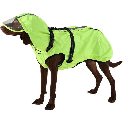 Manteau de pluie pour chien imperméable avec bandes réfléchissantes, harnais de poitrine en H et capuche amovible avec visière, idéal pour les chiens de taille moyenne/grande taille Vert fluo (1/5)