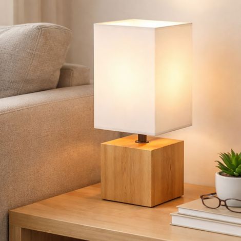 Lampada da tavolo lampada da comodino in legno lampada da tavolo soggiorno lampada da lettura tessuto bianco, quadrato, 1x E27, LxLxH 12x12x30 cm