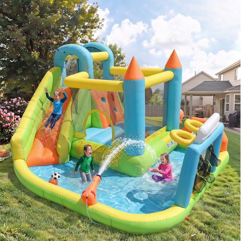Castillo hinchable acuático infantil con tobogán, piscina y soplador de 450 W DESVIAE (1/5)