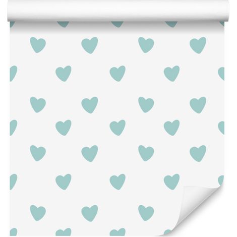 Papel pintado de corazones en blanco, verde celadón, turquesa y gris claro, 50x1000 cm. (1/5)