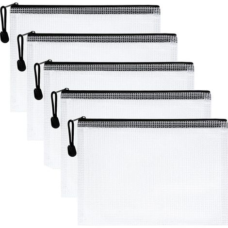 Porte-documents A4 - Organisateur en maille plastique avec fermeture éclair - Étanche - Matière PVC - Noir - Lot de 5