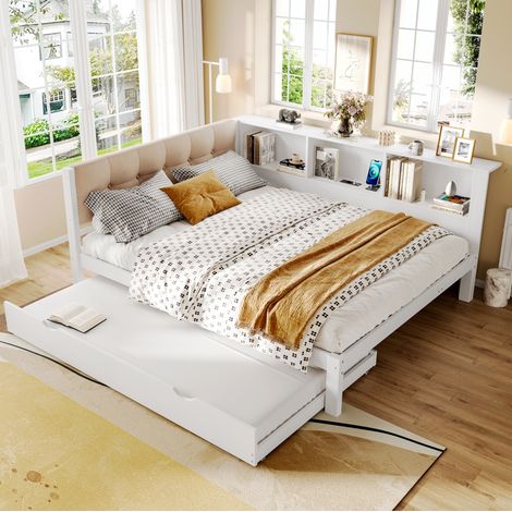 MEUBLIV Bett 140x200 cm weiß – mit Ausziehbett, LED und USB, ohne Matratze (1/5)
