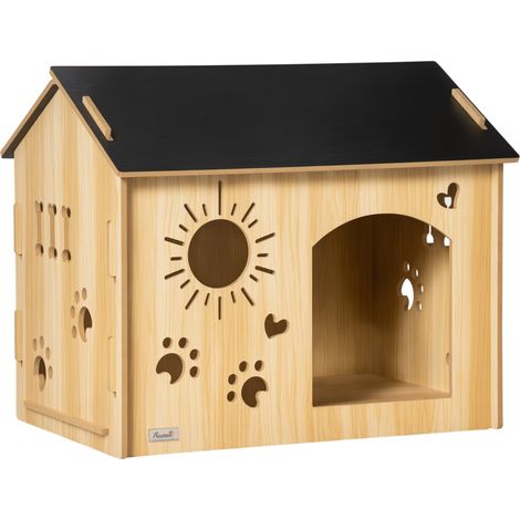 Cuccia per Cani da Interno con Struttura in Legno e Aperture a Forma di Zampa, Cuore e Ossa, Rovere