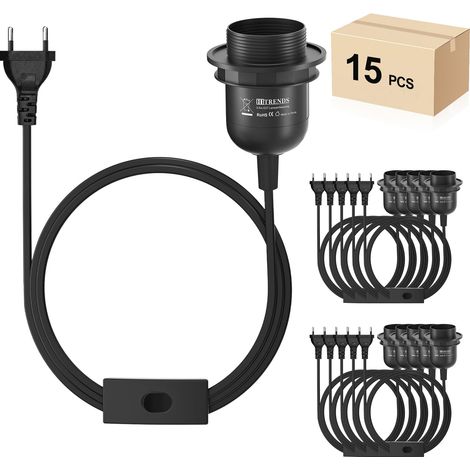 Lot de 15 douilles E27 avec câble, douille de lampe avec interrupteur avec prise européenne, douille E27 avec câble pour suspension de lampe, suspension, luminaire suspendu, noir