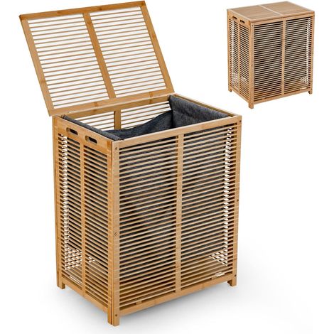 COSTWAY Wäschekorb 80L, Bambus, mit Deckel & Griffen, herausnehmbarem Wäschesack, 50 x 35 x 62 cm (1/5)