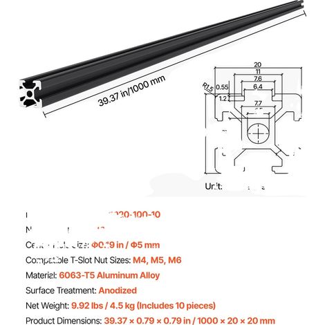 Rail Linéaire, Aluminium Anodisé, Compatible avec les Imprimantes 3D et les Machines CNC, 10 PCS 1000mm (1/2)