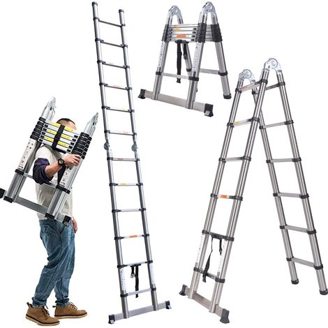 3.8M Telescopic Ladder 1.9m+1.9m A-Frame Retractable Extension Multi Purpose Household Ladder Stainless Steel Foldable Telescoping Multifunctional DIY Home Attic Loft Tools Combination Ladder