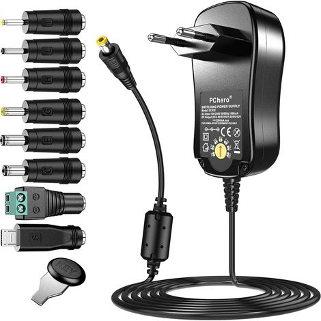 AC/DC Adaptateur Secteur Universel, 24W Alimentation à Découpage avec 8 Connecteurs DC, y Compris une Prise Micro USB pour 3 / 4,5/ 5 / 6 / 7,5 / 9 / 12V l'électronique Domestique - 2000mA Max. (1/5)