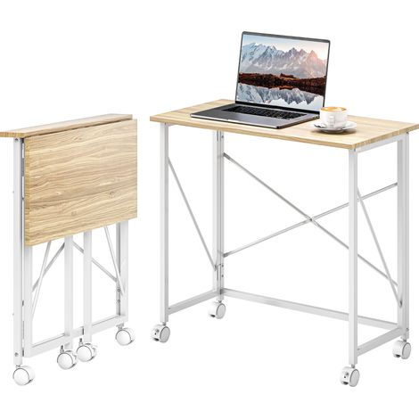 Bureau pliant à roulettes, gain de place, acier, MDF, naturel (1/5)
