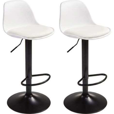 Pack 2 Taburetes de Bar o Cocina, Silla Alta Bistro, Altura Regulable, Asiento Acolchado, 360º, Blanco Mate (1/5)