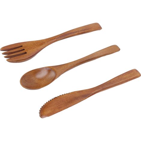 Ensemble de 3 couverts en bois (couteau, fourchette, cuillère) - Ustensiles de table réutilisables en bois de phoebe pour usage domestique