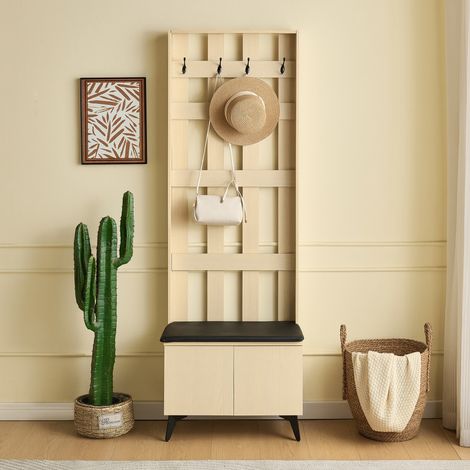 Perchero de entrada con banco y colgadores - 60 x 35 x 179,5 cm - mueble de recibidor moderno con zapatero y 4 ganchos de mdf y acero - madera clara y negro (1/5)