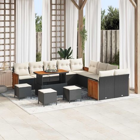 Ensemble Canapé de Jardin 14 pcs Salon de Jardin Résine Tressée et Acier Noir et Crème - PANGIVO (1/5)