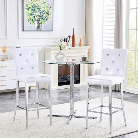 Tabouret de bar lot de 2, dossier haut, effet cuir croco blanc, pieds en métal chromé OKMYHOME (1/5)