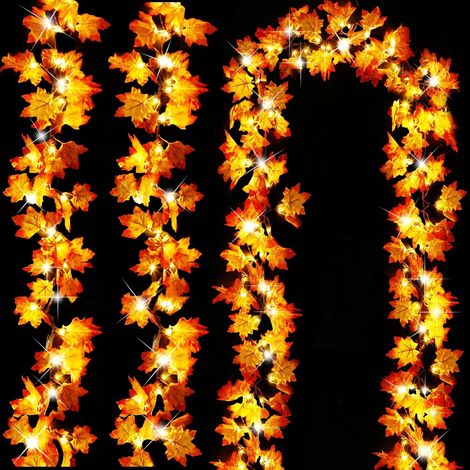 Guirlande lumineuse feuilles d'érable 3 pièces, 3 mètres par bande 20 LED, éclairage fixe et clignotant, décoration d'automne et Halloween pour intérieur et extérieur (1/4)