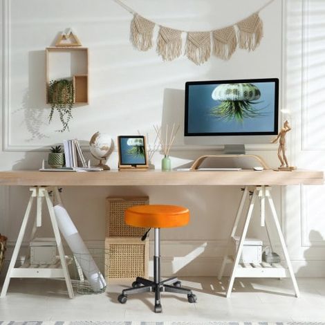 Tabouret de bureau à roulettes assise 35 cm orange avec dossier pivot à 360° (1/5)