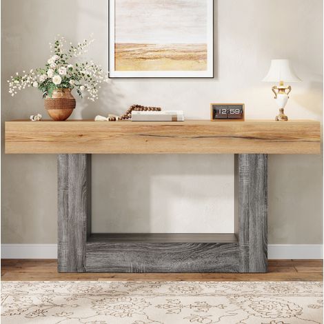 Consola de madera efecto natural, mesa de entrada 160 x 30 x 82,5 cm, aglomerado, natural (1/5)