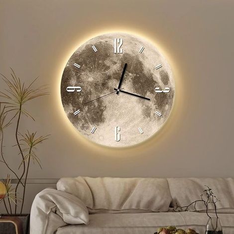 Horloge murale Lune, horloge lumineuse silencieuse de 30 cm avec veilleuse LED, motif lune ronde sans tic-tac, décoration pour salon, salle de bain, chambre, cuisine, bureau (1/5)
