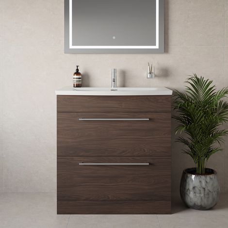 Napoli 390 Brown Oak 800mm 2 Drawer Vanity Unit with Arc Basin - 800mm - Chrome 480mm Handle
