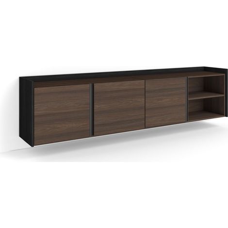 Skraut Home - Meuble TV, Banc Télé, Grand espace de Rangement, 207x35x50cm, Pour les TV jusqu'à 80", Suspendu, Mural, Style moderne, Chêne foncé et Noir (1/5)