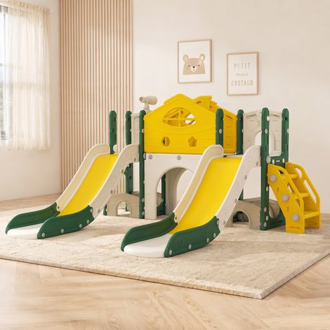 Aire de jeux 7 en 1, château avec double glissière et structure d'escalade et télescope pour l'intérieur et l'extérieur, Plastique PEHD sécurisé, Jaune (1/5)