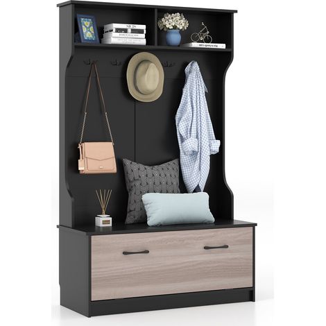 3-in-1 Freestanding Hall Coat Rack Stand Shoe Bench with 5 Hooks and Cabinet