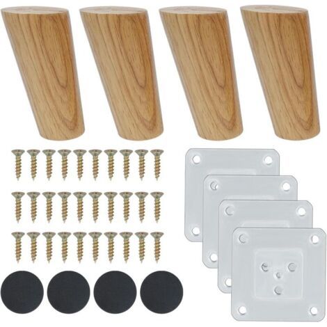 4pcs Pieds de Meuble en Bois 10cm Inclinés - Pieds de Rechange Massifs pour Canapé, Fauteuil, Table, Meuble TV avec Accessoires (1/4)