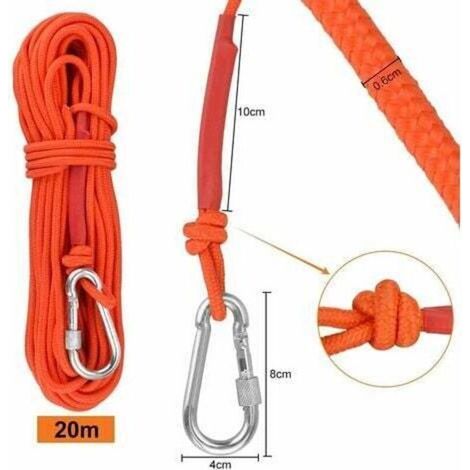 Corde d'escalade tressée en polypropylène de 20 mètres résistante à la corrosion et aux UV mousqueton en alliage d'aluminium adaptée à l'alpinisme et au sauvetage.