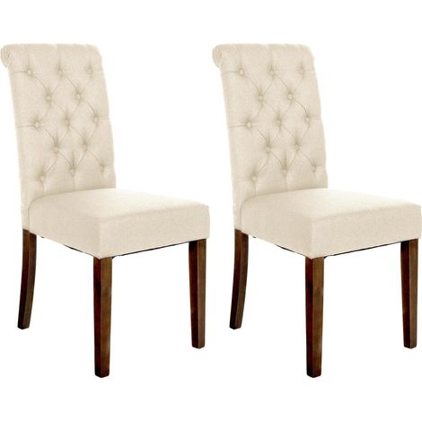 Set di 2 sedie da pranzo eleganti e comode imbottite in tessuto color crema con struttura in legno marrone scuro 100007511